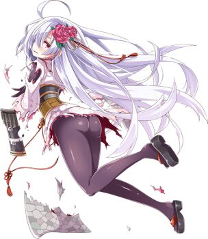 1girl ahoge akaneya ass black_pantyhose eyes_visible_through_hair flower from_behind full_body hair_flower hair_ornament hair_over_one_eye long_hair official_art oshiro_project:re oshiro_project:re pantyhose ponytail red_eyes shirakawa_komine_(oshiro_project) torn_clothes transparent_background very_long_hair white_hair