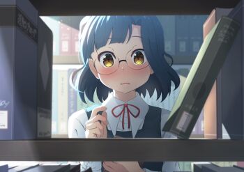 1girl blonde_hair blue_dress blue_hair blush book bookshelf bookshelf_pov bow bowtie chestnut_mouth commentary dress embarrassed glasses gyorui_(katsuwo_drawing) hand_up idolmaster idolmaster_million_live! indoors looking_at_viewer nanao_yuriko pinafore_dress red_bow red_bowtie shirt short_hair sleeveless_dress solo upper_body white_shirt