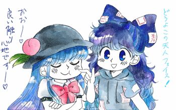 2girls :t black_hat blue_bow blue_hair blush bow bowtie closed_mouth drawstring grey_hoodie hair_bow hat hinanawi_tenshi hood hoodie kokeshi_(yoi_no_myoujou) long_hair multiple_girls open_mouth peach_hat_ornament pout red_bow red_bowtie short_sleeves touhou translation_request triangle_mouth upper_body yorigami_shion