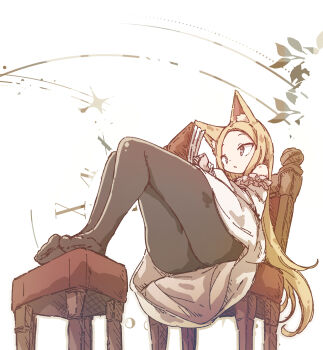 1girl animal_ear_fluff animal_ears ass bare_shoulders black_leggings blonde_hair cat_ears chair chipie_0114 closed_mouth commentary_request dress eyelashes feet flat_chest footstool frills highres leaf leaning_back leggings long_dress long_hair long_sleeves looking_at_object original reading simple_background sitting white_background white_dress yellow_eyes