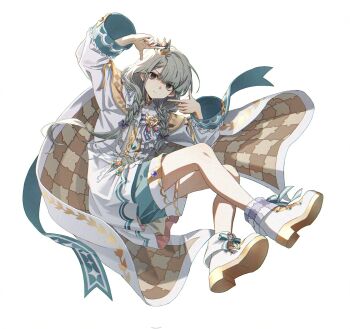 1girl braid brown_eyes cape crown finger_frame full_body grey_hair highres hisakawa_nagi idolmaster idolmaster_cinderella_girls korean_commentary long_hair looking_at_viewer shorts smile solo twin_braids yul_(user_gyut3424)