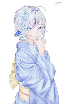 Rule 34 | 1girl, absurdres, ahoge, aokumo rin, blue eyes, blue flower, blue hair, blue kimono, commentary, finger to cheek, flower, grin, hair flower, hair ornament, hand up, highres, index finger raised, japanese clothes, kanzashi, kimono, long sleeves, looking at viewer, mole, multicolored hair, obi, obiage, obijime, sash, signature, simple background, smile, solo, stellive, streaked hair, two-tone hair, upper body, vini (frisco), virtual youtuber, white background, white hair, wide sleeves, yellow sash