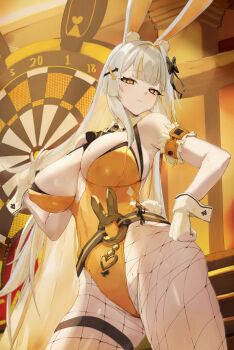 Rule 34 | 1girl, absurdres, animal ear fluff, animal ears, arm garter, armpits, bare shoulders, belt, black survival, bow, bowtie, breasts, cleavage, closed mouth, cowboy shot, dartboard, detached collar, eternal return: black survival, expressionless, fishnet pantyhose, fishnets, gloves, hair bow, hair ornament, hairclip, hand on own hip, hand up, highleg, highleg leotard, highres, krabking, large breasts, leotard, long hair, looking at viewer, minami rio, minami rio (winning shot), multicolored hair, official alternate costume, pantyhose, partially fingerless gloves, playboy bunny, rabbit ears, rabbit tail, solo, spaghetti strap, standing, streaked hair, sweat, sweatdrop, tail, thigh strap, thighs, very long hair, white gloves, white hair, wrist cuffs, yellow eyes, yellow leotard