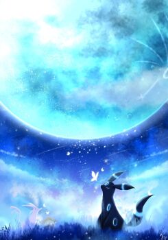 alternate_color animal_focus black_fur brown_fur bug butterfly closed_eyes commentary eevee espeon full_moon gen_1_pokemon gen_2_pokemon highres insect moon natu_a0z0ra nintendo no_humans outdoors pokemon pokemon_(creature) pokemon_focus purple_fur shiny_pokemon sky umbreon