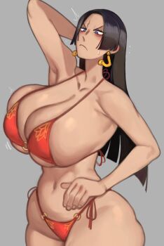 1girl absurdres annoyed arm_up armpit_crease armpits bikini black_hair blue_eyes boa_hancock breasts collarbone curvy earrings grey_background hand_on_own_hip highleg highleg_bikini highres huge_breasts jewelry kelvin_hiu long_hair mature_female navel o-ring o-ring_bikini one_piece parted_bangs red_bikini snake_earrings string_bikini swimsuit wide_hips