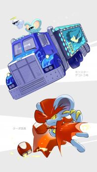 animal_ears blush_stickers cape claws colored_sclera commentary_request cool_spook daroach elfilin exhaust_pipe grey_background halo hat highres higuchi_megumi hydra_(kirby) kirby_(series) kirby_air_ride kirby_air_riders motor_vehicle mouse_ears nintendo notched_ear red_cape red_eyes red_hat semi_truck star_(symbol) sunglasses truck turbo_star yellow_sclera