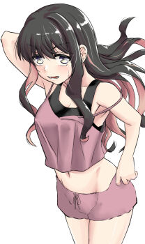 1girl alternate_costume black_hair black_sports_bra camisole colored_inner_hair commentary_request grey_eyes highres kantai_collection long_hair midriff multicolored_hair naganami_(kancolle) navel nekotarou_(nktr299) pink_camisole pink_hair pink_shorts shorts simple_background sleepwear solo sports_bra white_background