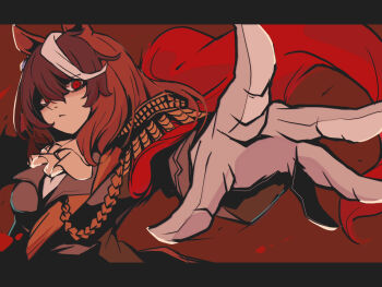 1girl animal_ears breasts brown_background brown_hair cape closed_mouth epaulettes gloves grey_jacket highres horse_ears horse_girl horse_tail jacket kawamochi_(kawauti919) letterboxed long_hair long_sleeves looking_at_viewer medium_breasts multicolored_hair outstretched_arm red_cape red_eyes shirt simple_background solo symboli_rudolf_(emperor&#039;s_path)_(umamusume) symboli_rudolf_(umamusume) tail two-tone_hair umamusume upper_body white_gloves white_hair white_shirt