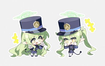 +++ 2girls :d :q absurdres backpack bag black_bag black_tail blue_archive blue_boots blue_hat blue_jacket blue_shorts blue_skirt blush_stickers boots bright_pupils buttons chibi chibi_only chinese_commentary claw_pose commentary_request demon_girl demon_tail double-breasted gloves green_hair green_halo grey_background halo hat highres hikari_(blue_archive) jacket long_hair long_sleeves looking_at_viewer multiple_girls nozomi_(blue_archive) og-pogg open_mouth outline pantyhose peaked_cap pleated_skirt pointy_ears shorts siblings sidelocks simple_background sisters skirt smile tail tongue tongue_out twins twintails v-shaped_eyebrows very_long_hair white_gloves white_outline white_pantyhose white_pupils yellow_eyes