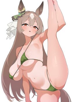 1girl absurdres animal_ears areola_slip arm_up armpits bikini blush breasts brown_eyes brown_hair cleavage commentary diamond_(shape) ear_ornament flexible green_bikini hair_between_eyes highres holding_own_leg horse_ears horse_girl horse_tail large_breasts leg_lift leg_up long_hair looking_at_viewer multicolored_hair navel one-piece_tan open_mouth puchimosu_(mosu1427) satono_diamond_(umamusume) simple_background solo split standing standing_on_one_leg standing_split streaked_hair swimsuit tail tan tanline thighs umamusume white_background white_streaks