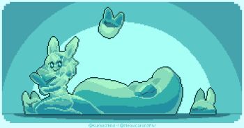 1girl animated animated_gif artist_name blue_background blue_eyes blue_theme bouncing fox_girl jumping kurbiismind monster_girl pixel_art slime_girl smile tail