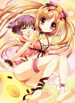 2girls absurdres ankle_garter ankle_lace-up anklet babydoll barefoot bikini blonde_hair blush breasts choker cleavage doll feet frilled_thigh_strap hair_bobbles hair_ornament highres huge_filesize jewelry leg_ribbon medium_breasts multiple_girls original ribbon smile soles swimsuit thigh_strap tsukishima_yuuko twintails