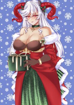 Rule 34 | 1girl, absurdres, alternate costume, armlet, bare shoulders, blush, box, breasts, cleavage, closed mouth, collarbone, curled horns, dress, fire emblem, fire emblem heroes, freyja (fire emblem), gift, gift box, gloves, goat horns, green dress, grey hair, griff, hair ornament, highres, holding, holding gift, holly hair ornament, horns, jewelry, large breasts, large horns, long hair, looking at viewer, nintendo, off-shoulder dress, off shoulder, red dress, red eyes, red horns, smile, solo, white hair