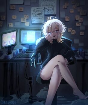 1girl akita_neru barefoot blonde_hair blue_eyes cheromo159 commentary don_quixote_(project_moon) english_commentary faust_(project_moon) grey_hair hatsune_miku highres kasane_teto limbus_company medium_hair multicolored_hair n_corp._fanatic_(identity)_(project_moon) project_moon ryoshu_(project_moon) solo thighs two-tone_hair vocaloid