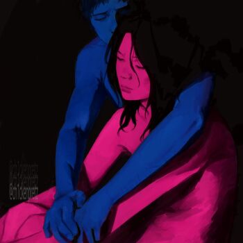 Rule 34 | 1boy, 1girl, black hair, blending, blue skin, ch1ckenpretz, closed eyes, color contrast, colored skin, cry of fear, head tilt, highres, hug, hug from behind, hugging own legs, knees up, long hair, nude, parody, pink skin, simon henriksson, sitting, sophie (cry of fear), tv girl (band)