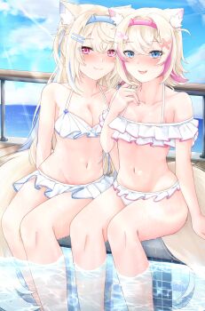 Rule 34 | 2girls, absurdres, animal ear fluff, animal ears, aqua eyes, aqua hair, bandaid, bandaid hair ornament, bare shoulders, bikini, blonde hair, blue sky, blush, breasts, cleavage, collarbone, commentary request, dog ears, dog girl, dog tail, fake horns, feet out of frame, fingernails, fuwawa abyssgard, hair ornament, hairband, highres, hololive, hololive english, horn hairband, horns, long hair, looking at viewer, medium breasts, medium hair, mococo abyssgard, multicolored hair, multiple girls, navel, open mouth, outdoors, pink eyes, pink hair, pink nails, ruffle bikini, sky, small breasts, smile, st-147, stomach, swimsuit, tail, virtual youtuber, white bikini, x hair ornament