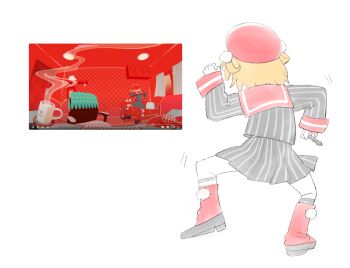 1girl beret black_shoes blonde_hair from_behind grey_jacket grey_skirt hair_rings hat highres holding holding_stylus indie_virtual_youtuber jacket naegi_(naegidokoro) pinstripe_jacket pinstripe_pattern pinstripe_skirt pleated_skirt red_hat red_sailor_collar red_socks reference_inset sailor_collar shigure_ui_(vtuber) shigure_ui_(vtuber)_(1st_costume) shoes skirt socks solo standing standing_on_one_leg stylus virtual_youtuber white_background