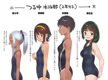 4girls black_hair breasts brown_eyes brown_hair closed_eyes commentary_request competition_swimsuit cowboy_shot dark-skinned_female dark_skin expressionless flat_chest hairband high_ponytail large_breasts long_hair low_twintails medium_breasts messy_hair multiple_girls okuzawa_chieri one-piece_swimsuit open_mouth original pixie_cut ponytail profile queue saginuma_mia_charlotte school_swimsuit shiden_(sashimi_no_wife) short_hair sidelocks simple_background small_breasts smile swimsuit tan tanline todoroki_kanae tomboy translation_request tsunashima_makoto twintails wet_girls white_background white_hair