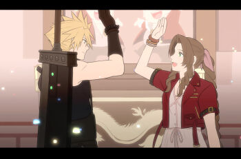 Rule 34 | 1boy, 1girl, aerith gainsborough, ameiro0814, arm behind back, bangle, belt, black border, blonde hair, blue eyes, border, bracelet, braid, braided ponytail, brown belt, brown gloves, brown hair, buster sword, buttons, choker, closed mouth, cloud strife, colosseum, commentary, corneo cup, don corneo, dress, final fantasy, final fantasy vii, final fantasy vii remake, flower choker, gloves, green eyes, hair ribbon, hand up, high five, highres, jacket, jewelry, letterboxed, light smile, long hair, looking at another, materia, multiple belts, open mouth, parted bangs, pink dress, pink ribbon, red jacket, ribbon, short hair, short sleeves, sidelocks, single bare shoulder, single braid, single shoulder pad, sleeveless, sleeveless turtleneck, smile, spiked hair, suspenders, sword, sword on back, turtleneck, untranslatable commentary, wall market, weapon, weapon on back