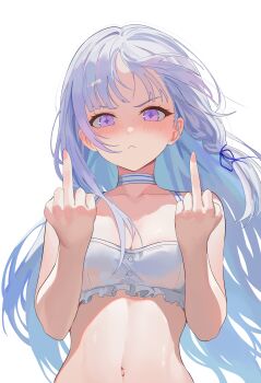 1girl :&lt; absurdres ayatsuno_yuni bare_arms bare_shoulders bikini choker closed_mouth double_middle_finger frilled_bikini frills frown hands_up highres long_hair looking_at_viewer middle_finger navel nbee_ya profanity purple_eyes simple_background solo star-shaped_pupils star_(symbol) stellive stomach swimsuit symbol-shaped_pupils upper_body v-shaped_eyebrows virtual_youtuber white_background white_bikini white_choker white_hair