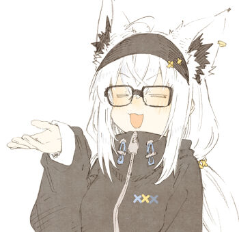 1girl :3 :d =_= abara_heiki ahoge animal_ear_fluff animal_ear_piercing animal_ears black-framed_eyewear black_hairband black_jacket blush closed_eyes earrings extra_ears fox_ears fox_girl glasses hair_between_eyes hairband hand_up hashtag-only_commentary hololive hood hooded_jacket jacket jewelry long_hair long_sleeves official_alternate_costume open_mouth shirakami_fubuki shirakami_fubuki_(loungewear) sidelocks simple_background sleeves_past_wrists smile solo upper_body white_background white_hair zipper zipper_pull_tab