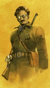 absurdres bag belt coat facial_hair glasses goatee gun highres leon_trotsky mustache nijiiro_no_trotsky non-web_source rifle scan soviet_army weapon yasuhiko_yoshikazu