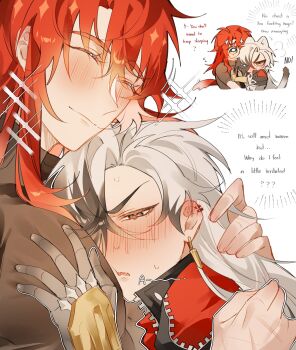 2boys animal_ears argenti_(honkai:_star_rail) black_hair black_shirt blush boothill_(honkai:_star_rail) cat_boy cat_ears cat_tail cha_nomb closed_eyes closed_mouth commentary cyborg earrings english_commentary english_text grey_eyes grey_hair hand_on_another&#039;s_neck hand_on_another&#039;s_shoulder highres honkai:_star_rail honkai_(series) hug jewelry kemonomimi_mode male_focus multicolored_hair multiple_boys multiple_earrings multiple_views one_eye_covered open_mouth parted_hair piercing red_hair shirt short_sleeves tail tassel tassel_earrings turtleneck unzipped yaoi zipper