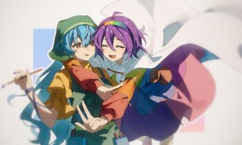 2girls ^_^ absurdres ahoge apron arm_around_shoulder belt belt_pouch black_belt blonde_hair blue_hair cape chinese_commentary closed_eyes commentary_request cowboy_shot dress green_apron green_headscarf hair_between_eyes hairband haniyasushin_keiki headscarf highres holding holding_paintbrush long_hair long_sleeves looking_at_another maisuiren multicolored_dress multicolored_hairband multiple_girls open_mouth paintbrush patchwork_clothes pocket pouch puffy_short_sleeves puffy_sleeves purple_hair rainbow_gradient rainbow_hairband red_eyes short_hair short_sleeves smile standing tenkyuu_chimata touhou turtleneck turtleneck_dress very_long_hair white_background white_cape yellow_dress