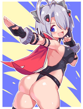 1girl ahoge ass ass_focus bare_shoulders blue_eyes blush breasts cape cougar_(cougar1404) fingerless_gloves from_behind gloves grey_hair hair_over_one_eye huge_ass large_breasts leotard looking_at_viewer looking_back open_mouth original short_hair sideboob smile solo thighhighs thong thong_leotard
