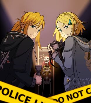 1boy 1girl blue_eyes blue_hair bone coat earrings elf flashlight frown gloves green_eyes hood hood_down hooded_jacket jacket jewelry link looking_at_viewer looking_back nintendo pointy_ears princess_zelda series sidelocks standing the_legend_of_zelda the_legend_of_zelda:_tears_of_the_kingdom triforce