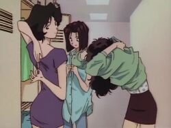 1990s_(style) 1boy 3girls animated anime_screenshot ass back blue_corset bra breasts cleavage clothes_pull corset drawing_(action) dress dress_pull garter_straps golden_boy grey_panties long_hair medium_breasts multiple_girls ooe_kintarou orange_bra orange_panties panties panties_under_pantyhose pantyhose pencil pencil_skirt pink_bra pink_panties purple_dress retro_artstyle short_hair shoulder_blades skirt skirt_pull sound tagme thighs thong unbuttoned unbuttoning underwear undressing unzipped video