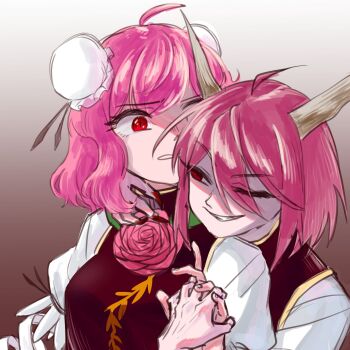 Rule 34 | 2girls, bandaged arm, bandages, breasts, bun cover, commentary request, double bun, dual persona, flower, gradient background, hair bun, highres, holding hands, horns, ibaraki douji's arm, ibaraki kasen, korean commentary, large breasts, looking at another, lovelobten, multiple girls, one eye closed, oni, pink eyes, pink hair, puffy sleeves, red eyes, rose, selfcest, shirt, short hair, short sleeves, smile, tabard, touhou, white shirt, yuri