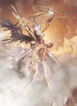 2boys 3d absurdres blonde_hair closed_eyes cloud cloud_strife final_fantasy final_fantasy_vii final_fantasy_vii_remake full_body hair_slicked_back highres impaled kaorismash long_hair looking_at_another male_focus multiple_boys multiple_wings open_clothes open_robe parted_lips robe safer-sephiroth short_hair silver_hair spiked_hair square_enix topless_male wings