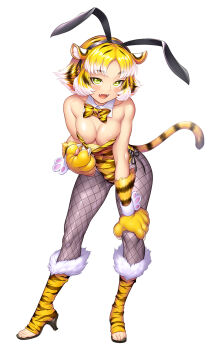 1girl 2024 action_taimanin animal_ears animal_hands animal_print bare_shoulders bent_over blonde_hair blush boots bow bowtie breasts breasts_squeezed_together cleavage detached_collar fake_animal_ears fangs fishnet_pantyhose fishnets fur-trimmed_boots fur_trim green_eyes hand_on_own_knee high_heels highres large_breasts leotard leotard_pull looking_at_viewer open-toe_boots pantyhose playboy_bunny presenting_breasts rabbit_ears seductive_smile short_hair smile strapless strapless_leotard tail taimanin_(series) taimanin_rpgx teasing tiger_ears tiger_girl tiger_paws tiger_print tiger_stripes tiger_tail toeless_legwear torajiro_(taimanin_series) wrist_cuffs yellow_leotard zol