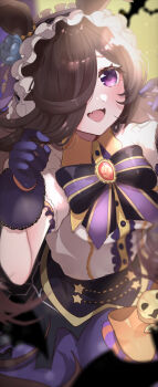 1girl absurdres animal_ears black_bow black_bowtie black_hair blush bow bowtie commentary english_commentary fang flipped_hair gloves hair_over_one_eye halloween_costume hands_up highres horse_ears horse_girl kurumiya_(krmy_p) long_hair official_alternate_costume open_mouth puffy_short_sleeves puffy_sleeves purple_eyes purple_gloves revision rice_shower_(make_up_vampire!)_(umamusume) rice_shower_(umamusume) shirt short_sleeves skin_fang smile solo striped_bow striped_bowtie striped_clothes umamusume white_shirt