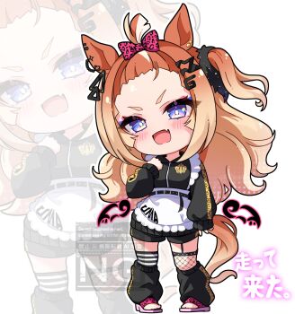 Rule 34 | 1girl, animal ears, apron, asymmetrical legwear, black jacket, black leg warmers, black shorts, blue eyes, blush, bow, breasts, chibi, commentary request, espoir city (umamusume), fang, fishnet thighhighs, fishnets, frilled apron, frills, hair bow, hair ornament, highres, horse ears, horse girl, horse tail, jacket, jersey maid, leg warmers, long hair, long sleeves, looking at viewer, maid, maid apron, mismatched legwear, mismatched thighhighs, multicolored hair, one side up, open mouth, orange hair, peteron, pink bow, sandals, shorts, skin fang, striped clothes, striped thighhighs, tail, thighhighs, track jacket, umamusume, unconventional maid, waist apron, white apron, zoom layer