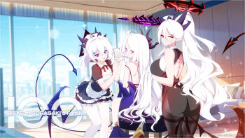 3girls ;) adjusting_another&#039;s_hair ahoge alternate_costume applying_another&#039;s_makeup applying_makeup apron ass back_tattoo backless_dress backless_outfit black_bow black_bowtie black_dress black_halo black_pantyhose blue_archive blue_eyeliner blue_sky blurry bow bowtie building cellphone cityscape cloud cloudy_sky commentary_request cowboy_shot demon_girl demon_horns demon_tail demon_wings depth_of_field detached_collar dress drill_hair earrings english_text eyeliner forehead frilled_apron frilled_skirt frills from_behind garter_straps hair_between_eyes hair_ornament hairclip halo highres hina_(blue_archive) holding holding_phone horns indoors jewelry leaning_forward long_hair looking_at_viewer looking_back luna_(treeplanting) maid_apron makeup mother_and_daughter multicolored_halo multiple_girls on_stool one_eye_closed original pantyhose parted_bangs pelvic_curtain phone pointy_ears purple_dress purple_eyes purple_halo red_eyeliner red_eyes red_halo short_dress short_sleeves shoulder_blades siblings sidelocks sitting skirt sky skyscraper sleeveless sleeveless_dress smartphone smile spaghetti_strap standing star_halo sun_(treeplanting) tail tattoo thighhighs treeplanting triangle_halo two-tone_halo waist_apron wavy_hair white_apron white_hair white_thighhighs wings