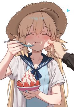 1boy 1girl absurdres artoria_caster_(fate) artoria_pendragon_(fate) blonde_hair blue_nails blue_sailor_collar cheek_pinching closed_eyes closed_mouth ebora fate/grand_order fate_(series) food hat heart highres holding holding_food holding_ice_cream holding_spoon ice_cream long_hair open_clothes open_shirt pinching pov pov_hands sailor_collar shirt smile spoon straw_hat sun_hat twintails white_background white_shirt
