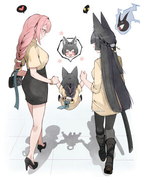 Rule 34 | 3girls, absurdres, alternate costume, animal ear fluff, animal ears, bag, black bag, black hair, black pants, black shoes, black skirt, blue ribbon, blush, bracelet, brown jacket, brown shirt, checkered floor, closed eyes, commentary, dailymiyanagi, earrings, english commentary, family, fox ears, fox girl, from behind, full body, glasses, heart, highres, holding, holding bag, holding hands, holding sword, holding weapon, hoshimi miyabi, if they mated, jacket, jewelry, long hair, looking at another, mother and daughter, multiple girls, open mouth, pants, pencil skirt, pink hair, ribbon, ring hair ornament, shadow, sheath, shirt, shoes, simple background, skirt, sleeves rolled up, spoken character, spoken heart, spoken sparkle, sword, tailless (zenless zone zero), tsukishiro yanagi, weapon, white background, zenless zone zero