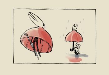 1girl 1other arthropod_girl black_eyes black_skin cloak colored_skin commentary full_body holding holding_umbrella hollow_eyes hollow_knight hollow_knight:_silksong horned_mask hornet_(hollow_knight) horns knight_(hollow_knight) kumoketu looking_up mask needle_(hollow_knight) red_cloak symbol-only_commentary umbrella weapon