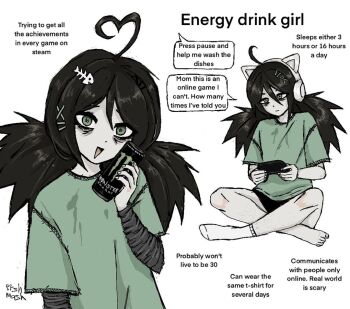 1girl ahoge animal_ear_headphones animal_ears artist_name bags_under_eyes black_shorts brown_hair can controller drink_can english_text ershmash expressive_hair fake_animal_ears fish_hair_ornament fluffy_hair game_controller green_eyes grey_shirt hair_between_eyes hair_ornament hairclip headphones holding holding_can holding_controller holding_game_controller indian_style layered_sleeves long_hair long_sleeves looking_at_viewer monster_energy open_mouth original rabbit_tail shirt short_over_long_sleeves short_sleeves shorts signature simple_background sitting smile socks speech_bubble tail very_long_hair white_background white_socks x_hair_ornament