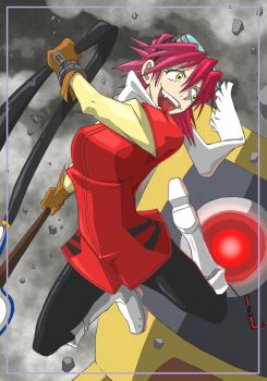 Rule 34 | 1girl, amakarakuchi, boots, breasts, brown gloves, commentary request, electric guitar, flcl, gloves, guitar, haruhara haruko, highres, holding, holding guitar, holding instrument, holding strap, instrument, latex, medium breasts, purple hair, red shirt, scarf, shirt, short hair, smile, solo, tongue, tongue out, white boots, white scarf, white sleeves, wrist cuffs, yellow eyes