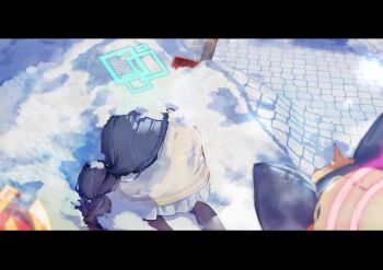 2girls absurdres aris_(blue_archive) black_hair black_pantyhose blonde_hair blue_archive blue_halo braid commentary_request halo highres jacket letterboxed long_hair minibi_(minibeat) miniskirt momoi_(blue_archive) multiple_girls pantyhose pleated_skirt shovel single_braid skirt snow snow_shovel very_long_hair white_skirt winter yellow_jacket