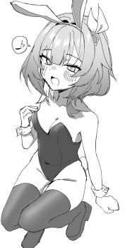1girl alternate_costume animal_ears blush breasts cleavage commentary_request cyrene_(aedes_elysiae)_(honkai:_star_rail) cyrene_(honkai:_star_rail) ekaku_mim fake_animal_ears greyscale hair_ornament highres honkai:_star_rail honkai_(series) leotard monochrome multicolored_hair musical_note open_mouth playboy_bunny rabbit_ears rabbit_tail short_hair simple_background small_breasts solo spoken_musical_note tail thighhighs thighs two-tone_hair