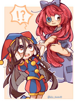 2girls alternate_hair_length alternate_hairstyle button_eye doll_girl dress glitch_productions gloves hat highres jester jester_cap long_hair multicolored_eyes multiple_girls pomni_(the_amazing_digital_circus) ragatha ragatha_(the_amazing_digital_circus) red_hair the_amazing_digital_circus very_long_hair