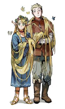 1boy 1girl absurdly_long_hair blonde_hair blue_butterfly blue_dress boots braid brown_hair brown_shoes bug butterfly choker commentary_request dress dungeon_meshi elf expressionless flower flower_wreath green_butterfly green_eyes hair_flower hair_ornament highres holding_another&#039;s_hair insect laios_touden long_hair marcille_donato pbwqnmlgb pointy_ears red_butterfly red_choker red_shirt sandals shirt shoes short_hair twin_braids very_long_hair white_background white_shirt yellow_butterfly yellow_eyes