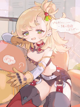 1girl bags_under_eyes bare_shoulders belt black_shirt black_shorts black_tube_top blonde_hair blush breasts choker commentary_request couch crop_top detached_pants detached_sleeves dot_nose earrings gloves goggles goggles_around_neck green_eyes hair_bun head_on_hand highres indoors jewelry locker loli long_hair looking_at_viewer navel on_couch open_mouth orange_pants pants pillow piper_wheel poponnu red_choker shirt short_eyebrows shorts sitting small_breasts smile solo speech_bubble spiked_shirt stomach strap_slip strapless thick_eyebrows thighhighs thighs translation_request tube_top white_belt white_sleeves yellow_gloves zenless_zone_zero zettai_ryouiki