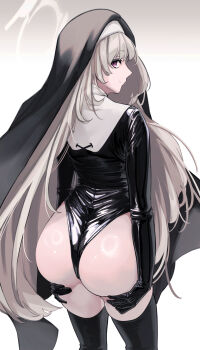 1girl absurdres arms_at_sides ass ass_focus ass_support black_leotard black_thighhighs black_veil blue_archive closed_mouth cowboy_shot from_behind gloved_sleeves gradient_background grey_background grey_hair guimpe halo highleg highleg_leotard highres huge_ass latex latex_leotard leotard light_smile long_hair looking_at_viewer looking_back nun presenting presenting_ass profile red_eyes ring_light_reflection sakurako_(blue_archive) sakurako_(justina_uniform)_(blue_archive) shima shiny_clothes shiny_skin simple_background skindentation sleeved_leotard solo standing thighhighs turning_head veil very_long_hair wedgie white_background white_halo