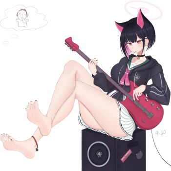 1girl animal_ears barefoot black_hair blue_archive crossed_legs electric_guitar feet guitar highres instrument kazusa_(blue_archive) looking_at_viewer medium_hair multicolored_hair pink_hair red_eyes soles speaker toes two-tone_hair xuancai_xiao_chou_zhu