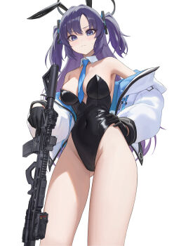 1girl absurdres alternate_costume bare_shoulders black_gloves black_leotard blue_archive blue_eyes blue_hair blue_necktie blush breasts commentary_request covered_navel detached_collar from_below gloves gluteal_fold gun hair_ornament halo hand_on_own_hip heine_(haloo1101) highres holding holding_gun holding_weapon jacket large_breasts leotard long_hair long_sleeves looking_at_viewer looking_down necktie off_shoulder parted_bangs playboy_bunny simple_background solo standing thighs two_side_up weapon white_background white_jacket yuuka_(blue_archive)